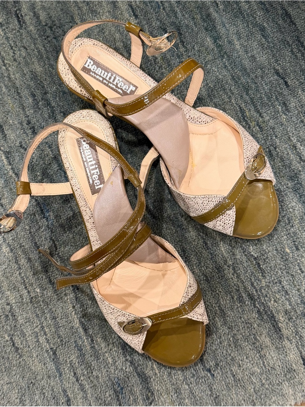BeautiFeel Olive Green and Cream Slingback Peep-Toe Heels